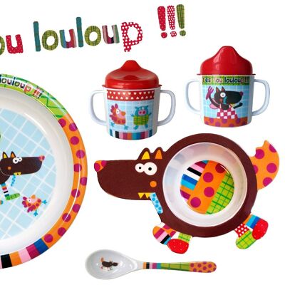 Gift box Melamine tableware for babies, 4 pieces, 21 cm plate, wolf-shaped bowl, mug, spoon. Collection You're Crazy Louloup!!!