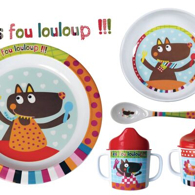 Coffret Cadeau Vaisselle mélamine bébé, 4 pièces, Assiette 21 cm, Large bol, mug, cuillère. Collection T'es Fou Louloup!!!