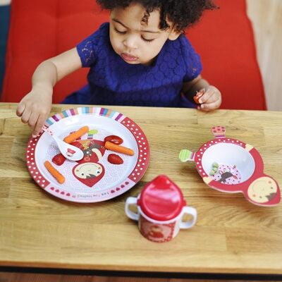 Caja de regalo Vajilla de melamina para bebés, 4 piezas, Plato 21 cm, cuenco en forma de caperucita roja, taza, cuchara. Colección Estás Loco Louloup!!!