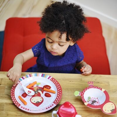 Coffret Cadeau Vaisselle mélamine bébé, 4 pièces, Assiette 21 cm, bol en forme de chaperon rouge, mug, cuillère. Collection T'es Fou Louloup!!!