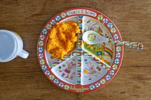 Assiette mélamine bébé à compartiment pour repas dissociés. format 21 cm. Collection Peace and Love la Happy Farm