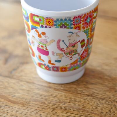 Machine washable melamine cup Height 10 cm. Happy Farm Peace and Love Collection.