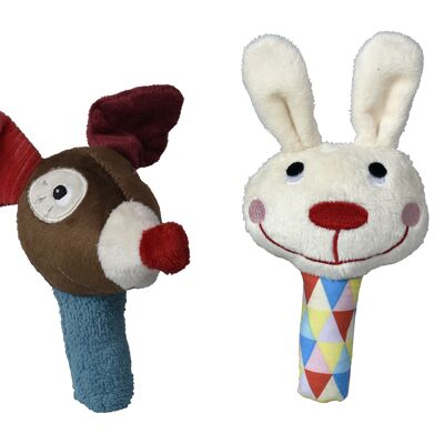 Musical Activity Toy, Set of Maracas Gustave the dog and his Magician Rabbit. Size: 13cm. presented on cardboard