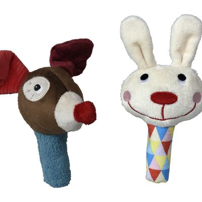 Musical Activity Toy, Set of Maracas Gustave the dog and his Magician Rabbit. Size: 13cm. presented on cardboard