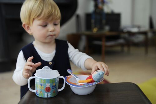 Mug mélamine géant avec 2 anses et couvercle anti fuite. Lavable machine. Hauteur 10,5 cm