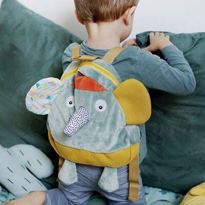 Kinderrucksack, Reißverschluss, H: 35 cm. Ziggy der Elefant. Verstellbare Träger. Etikett, um den Namen des Kindes zu schreiben. ab 12 Monaten