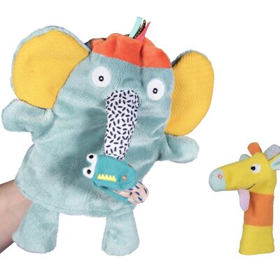 Elephant puppet + 2 finger puppets. Height: 25cm. Machine washable at 30°.