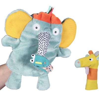 Elephant puppet + 2 finger puppets. Height: 25cm. Machine washable at 30°.