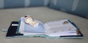 Protège carnet de santé et doudou jouet d 'éveil et de manipulation avec sa marionnette de doigt, format 22 x 17 cm. Coll GABIN LAPIN 3
