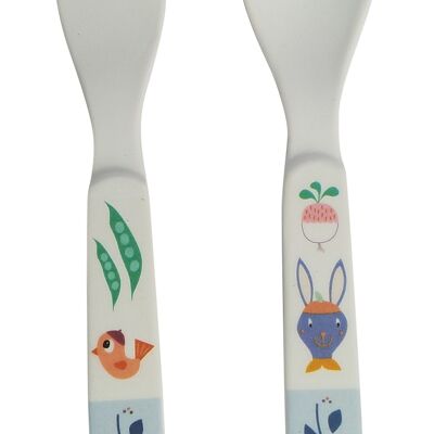 Posate cucchiaio e forchetta in melamina opaca, lavabile in lavatrice, 13,5 cm. Collezione Gabin Coniglio