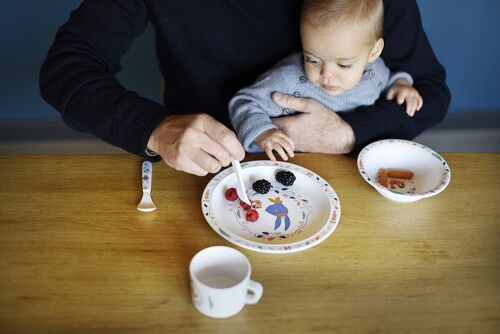 Coffret vaisselle bébé en mélamine 5 pièces (Assiette, bol, couverts, mug) en boite cadeau. Collection Gabin Lapin