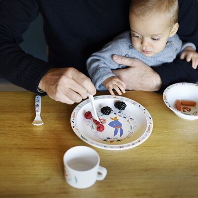 Coffret vaisselle bébé en mélamine 5 pièces (Assiette, bol, couverts, mug) en boite cadeau. Collection Gabin Lapin