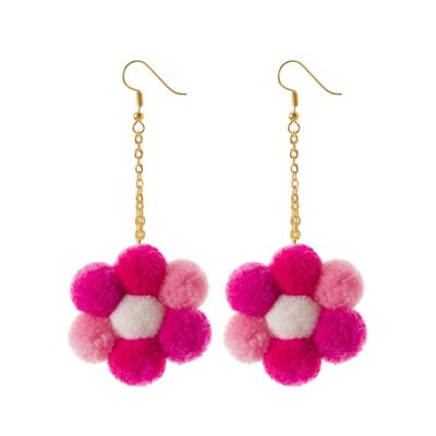 Pink Flower Pom Pom Earrings