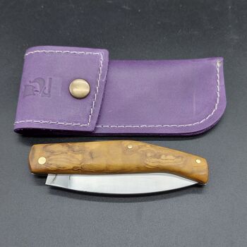 Rasoir Olivum en acier inoxydable. Manche en acier 2j et Olivier Centenaire - Etui cuir épaisseur 2 mm réalisé à la main dans nos ateliers.(Violet) 2