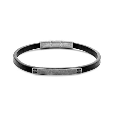 Bracelet black leather aged steel 21cm - 7FB-0526