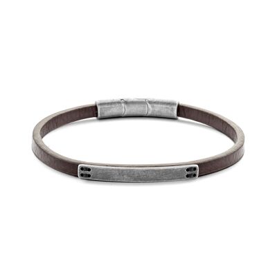 Bracelet dark brown leather aged steel 21cm - 7FB-0527