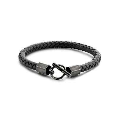 Bracelet black leather aged steel 21cm - 7FB-0529