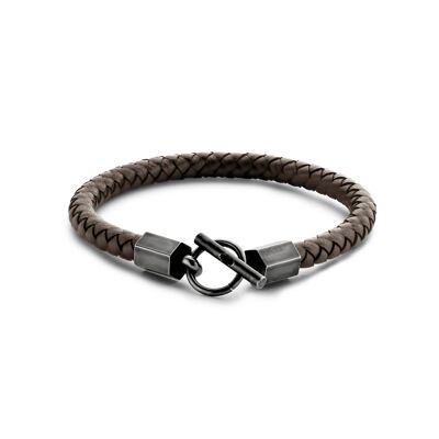 Bracelet dark brown leather aged steel 21cm - 7FB-0530