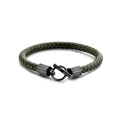 Bracelet deep green leather aged steel 21cm - 7FB-0531