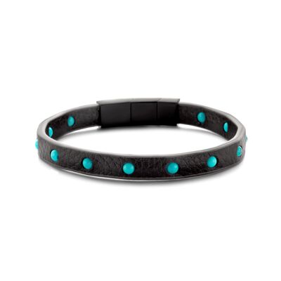 Bracelet brown leather with turquoise beads 4mm ip black 21cm - 7FB-0539