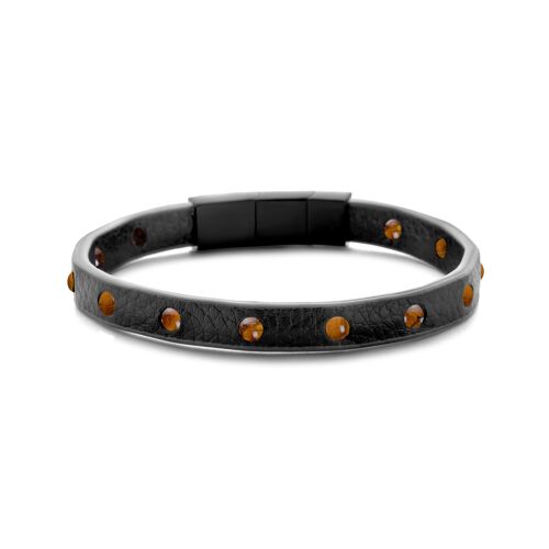 Bracelet brown leather with tiger eye beads 4mm ip black 21cm - 7FB-0540