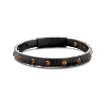 Bracelet cuir marron avec perles oeil de tigre 4mm ip noir 21cm - 7FB-0540
