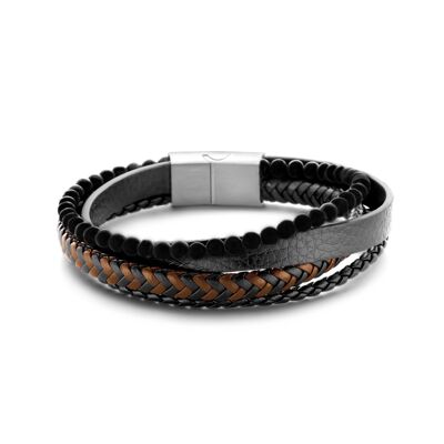 Bracelet cuir marron et noir avec perles d'agate noire 4mm ips finition mate 21cm - 7FB-0541