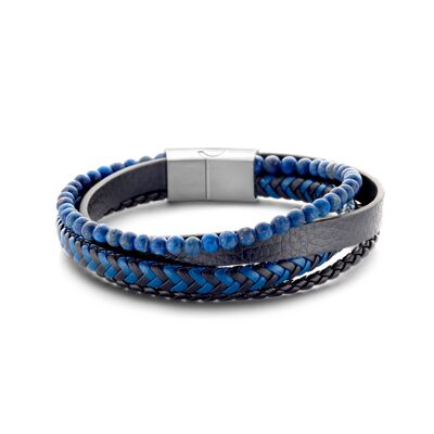 Bracelet cuir noir et bleu avec perles lapis 4mm ips finition mate 21cm - 7FB-0542