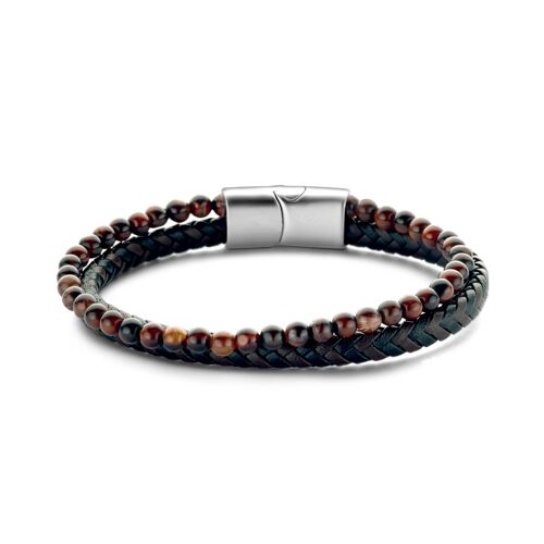 Bracelet brown and black leather with red tiger eye beads 4mm ips matt finish 21cm - 7FB-0543