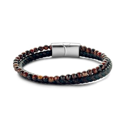Bracelet cuir marron et noir avec perles oeil de tigre rouge 4mm ips finition mate 21cm - 7FB-0543