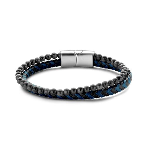 Bracelet black and blue leather with black hematite beads 4mm ips matt finish 21cm - 7FB-0544