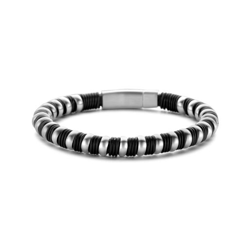 Bracelet black leather and steel beads 21cm - 7FB-0545