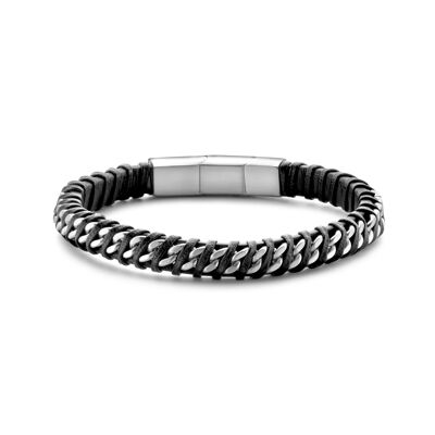 Bracelet cuir noir et chaine acier 21cm - 7FB-0546