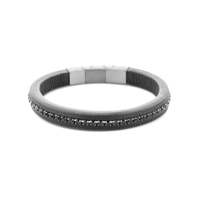 Bracelet cuir noir et pierres noires ips finition mate 21cm - 7FB-0557