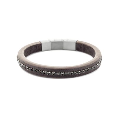 Bracelet cuir marron et pierres noires ips finition mate 21cm - 7FB-0558