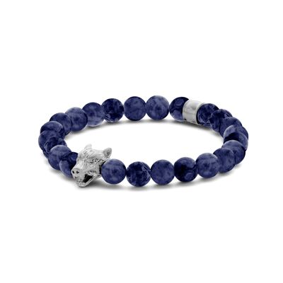 Bracelet acier perles bleu sodalite mat 8mm tête de loup ips mat - 7FB-0588