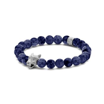 Bracelet acier perles bleu sodalite mat 8mm tête de loup ips mat - 7FB-0588 1