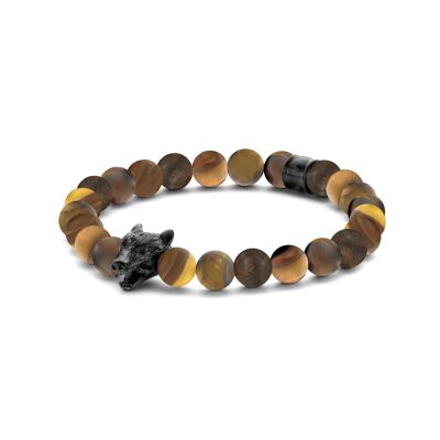 Bracelet steel matt tiger eye beads 8mm wolf head matt ip black - 7FB-0594