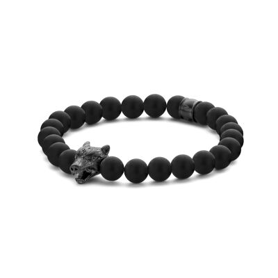 Bracelet steel matt black agate beads 8mm wolf head matt ip black - 7FB-0595