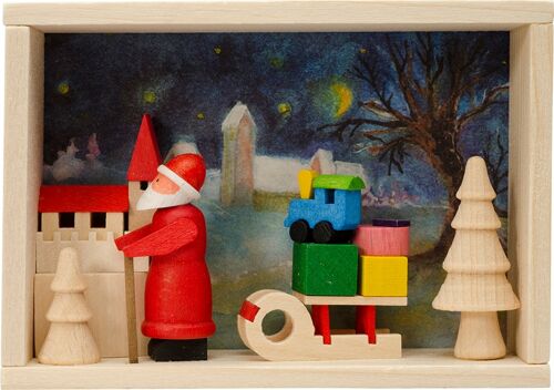 Glückwunschkarte aus Holz 'Weihnachtsmann mit Schlitten'