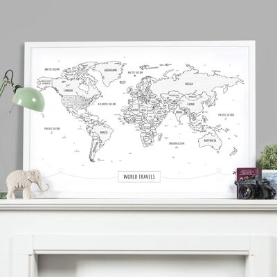 Pinboard World Map Framed White - Size Small