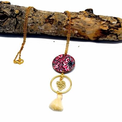 Collana lunga colorata in legno e carta resina ispirata a gioielli in oro rosa cerato