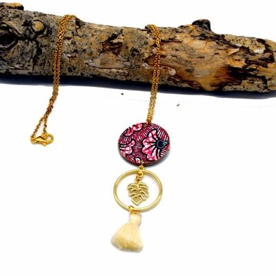 Colorido collar largo en madera y papel de resina inspirado en joyas de oro rosa de cera