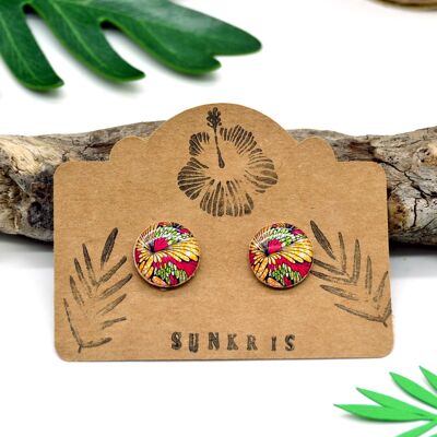 Pendientes chips madera étnica y flor de papel cera joya africana amarillo verde rosa