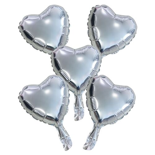 5 FoilBalloons heart w/paper straw 9" silver