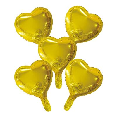 5 FoilBalloons heart w/paper straw 9" gold
