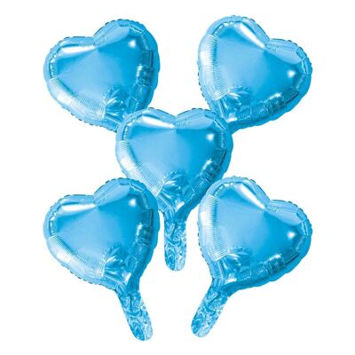 5 palloncini in alluminio a cuore con cannuccia di carta 9" azzurro