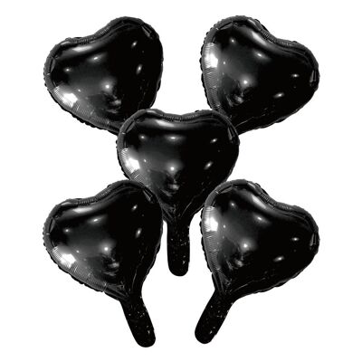 5 FoilBalloons heart w/paper straw 9" black