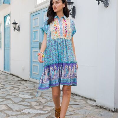 Bohemian print midi shirt dress with embroidery