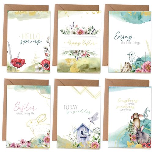 Papierdrachen Klappkarten zu Ostern - Osterkarten | 6 frühlingshafte Grußkarten inklusive Umschlag und Stickern zur Osterzeit - Grüße an die Familie - Stilvolles Design - Motiv Wasserfarben mit Goldfolierung - Set 4